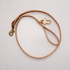 Brown leather dog leash with brass clasp on a light gray background