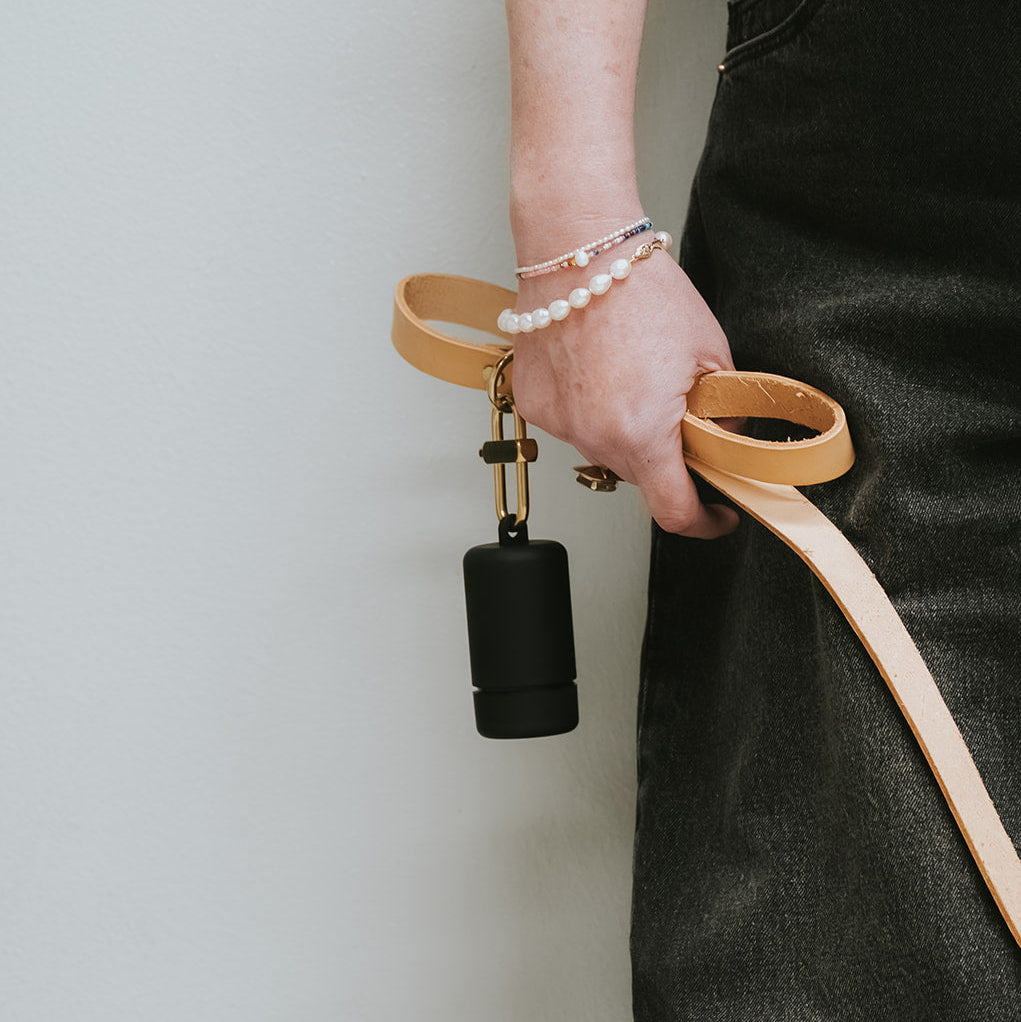 Person holding a beige leather leash with a black clip against a plain background