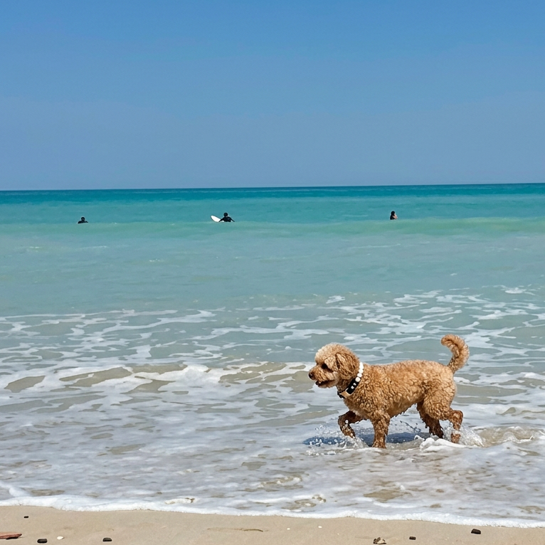 Dog walking on a beach with clear blue water and sky.