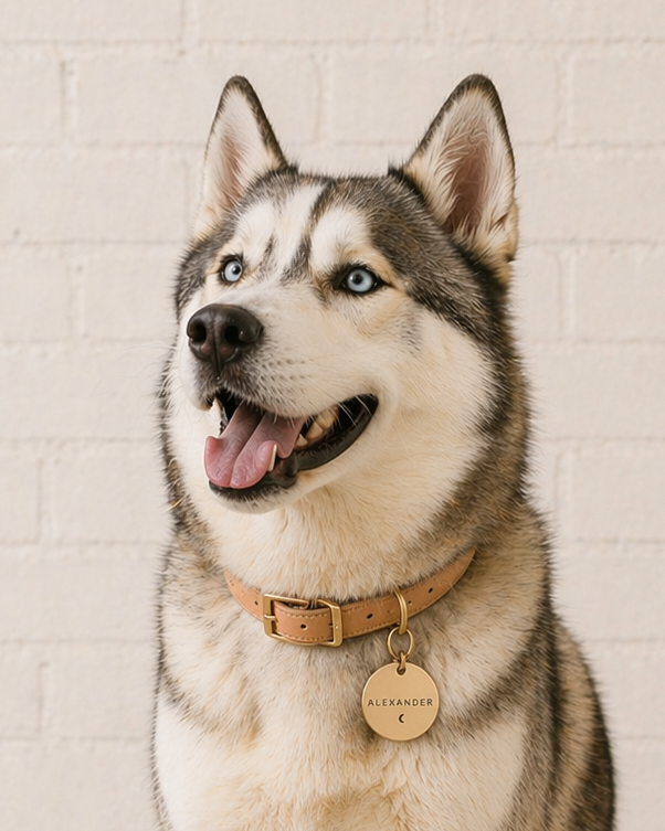 Dog sitting on a round beige pillow against a white brick wall.