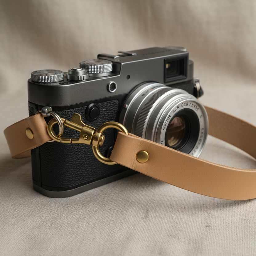 Vintage camera with a brown leather strap on a beige background
