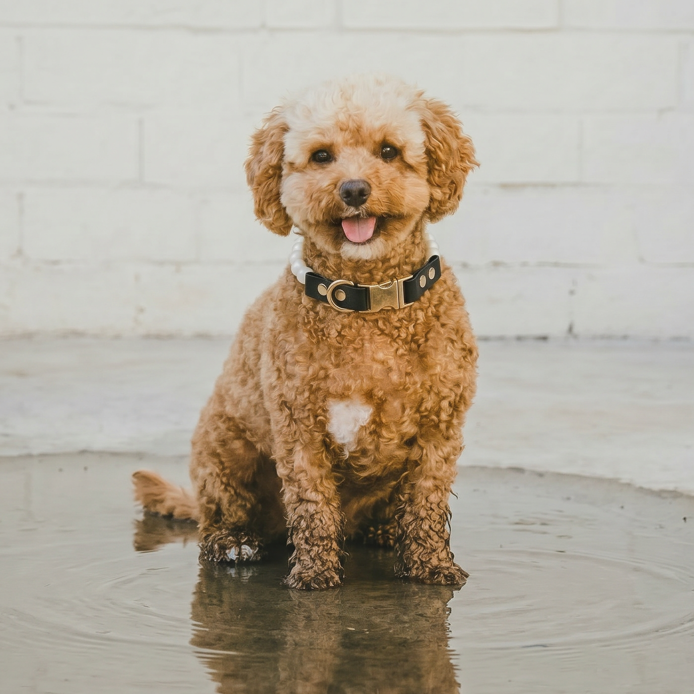 Brown dog sitting on a reflective surface with a white brick wall background